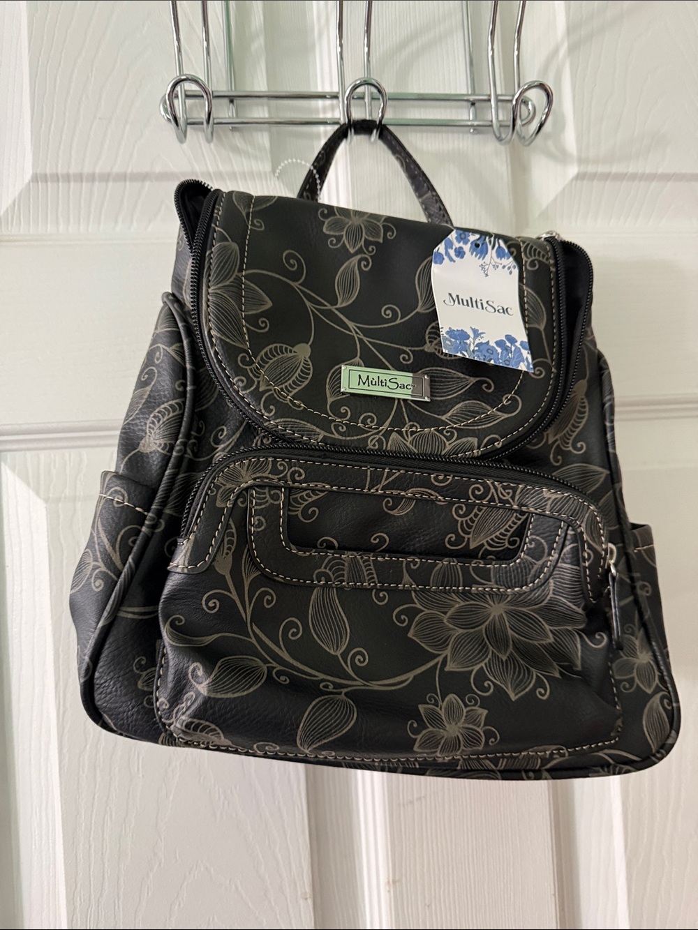 MultiSac Black Floral Backpack with Neutral Scroll Print